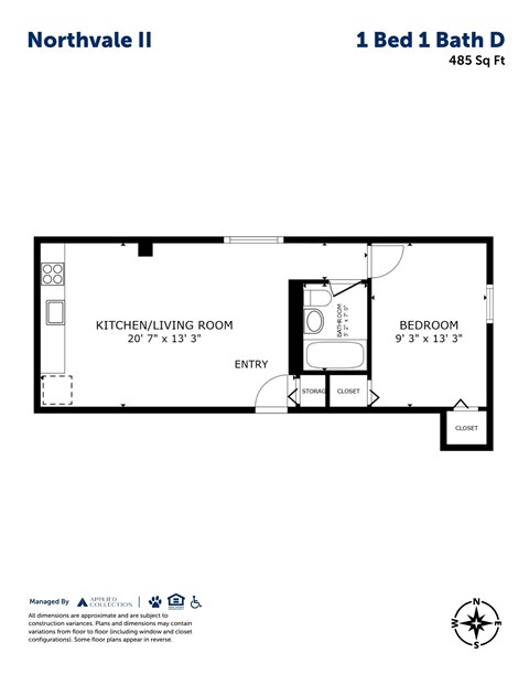 Floor plan for 1 bed, 1 bath, 485 sqft
